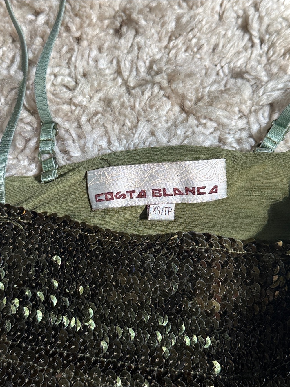 Y2K Costa Blanca Olive Sequin Empire Waist Party Mini Dress/Top - Size XS - Picture 2 of 16